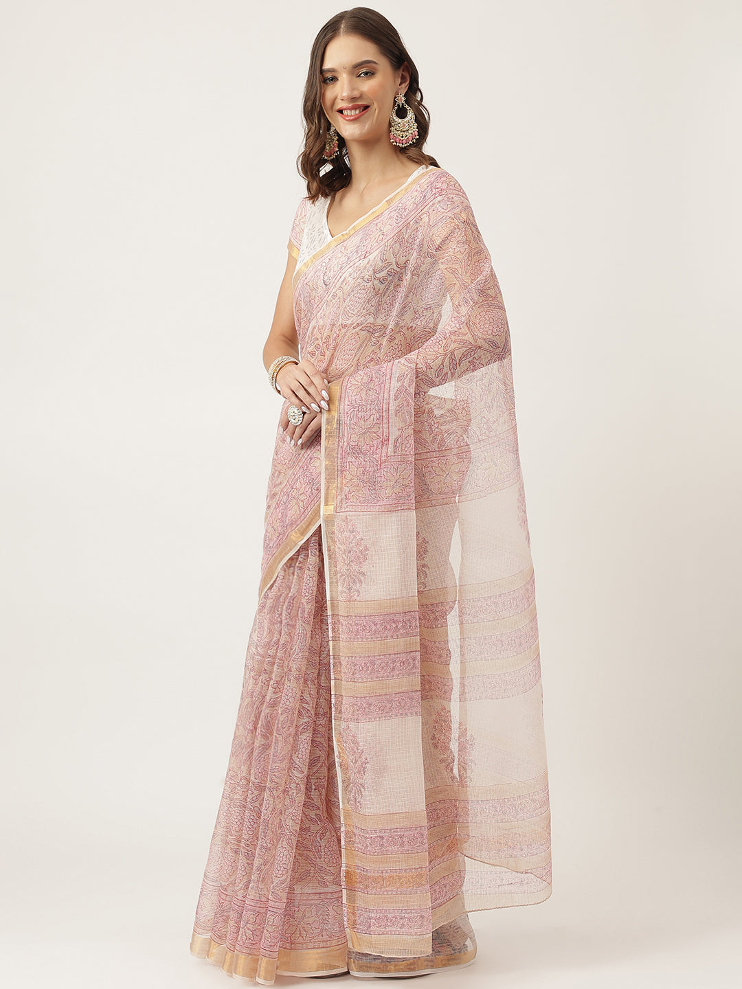 Pink Party Wear HandBlock Cotton Kota Doria Saree