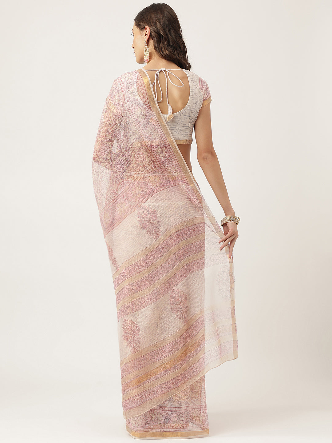 Pink Party Wear HandBlock Cotton Kota Doria Saree