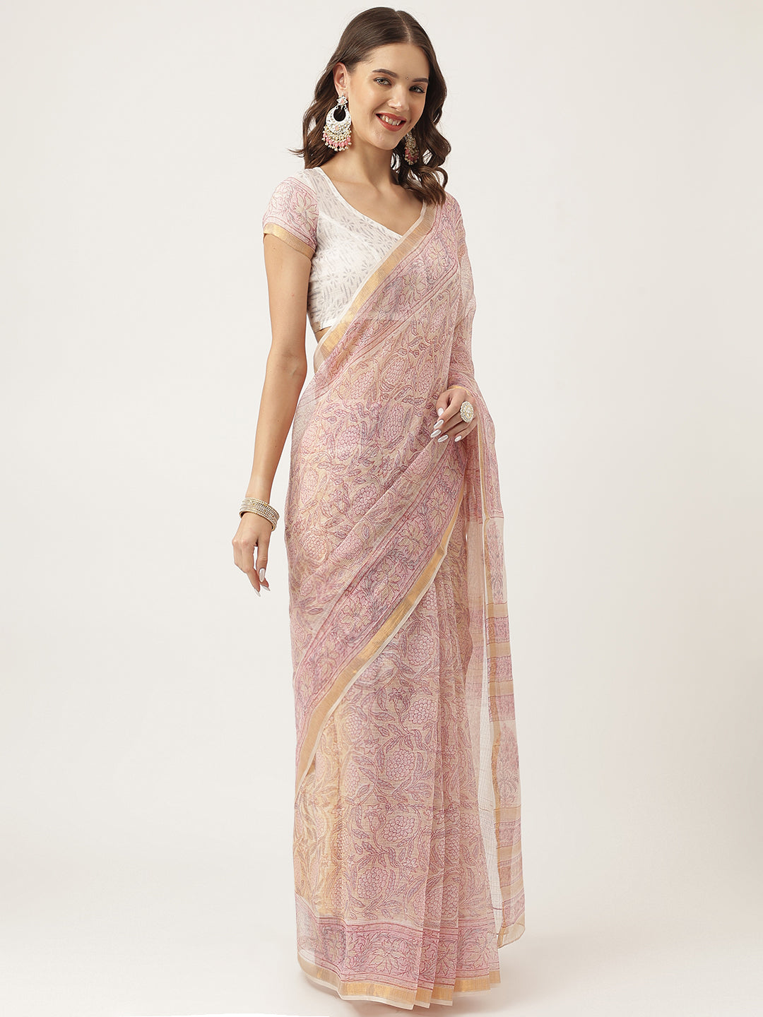 Pink Party Wear HandBlock Cotton Kota Doria Saree