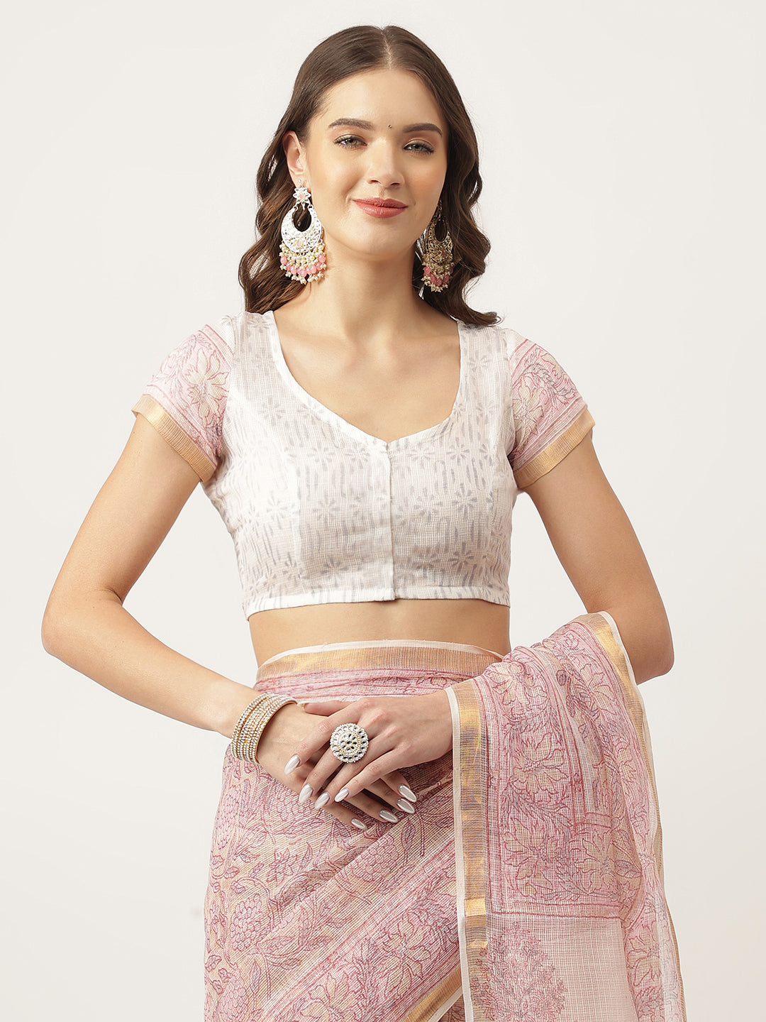 Pink Party Wear HandBlock Cotton Kota Doria Saree