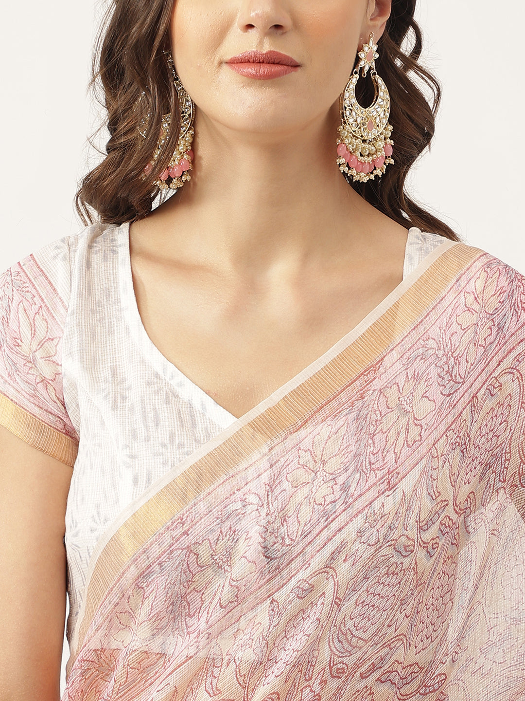 Pink Party Wear HandBlock Cotton Kota Doria Saree