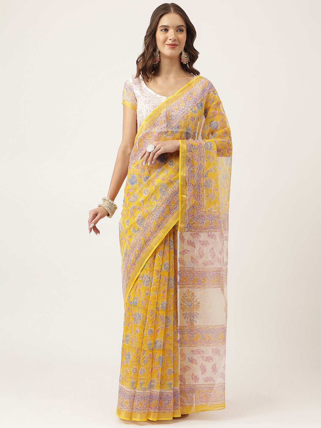 Party Wear yellow HandBlock Kota Doria Saree