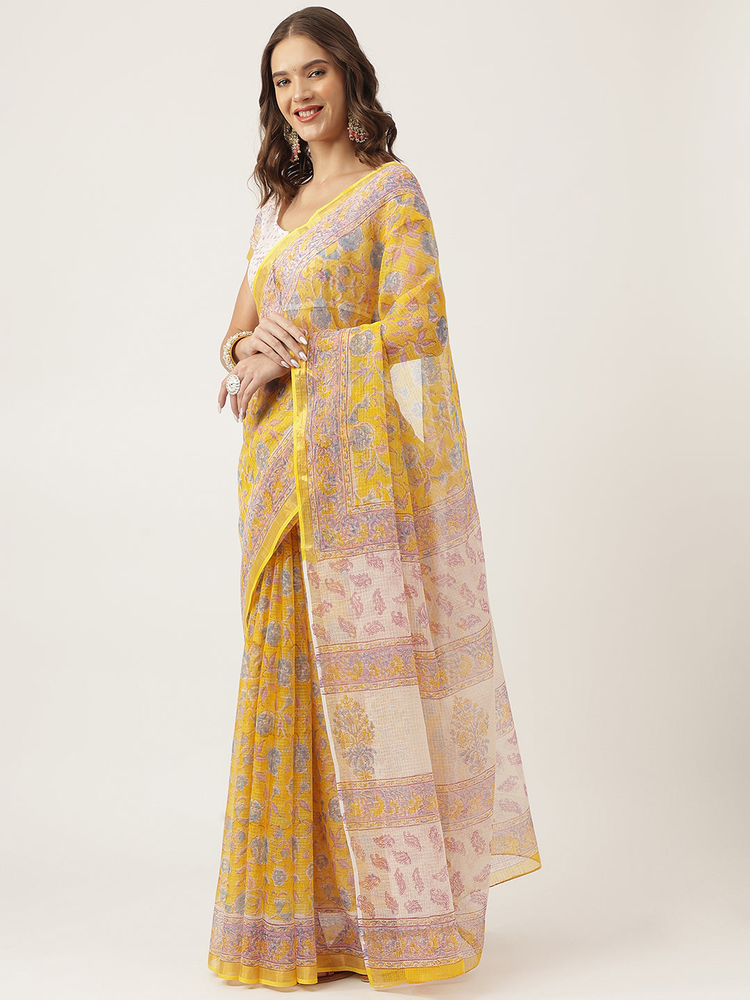Party Wear yellow HandBlock Kota Doria Saree