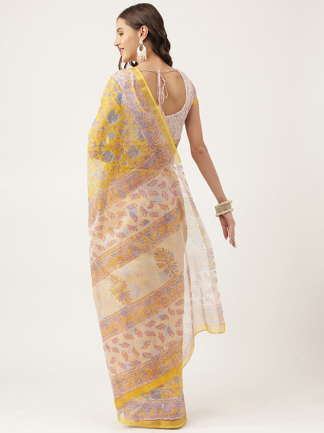 Party Wear yellow HandBlock Kota Doria Saree