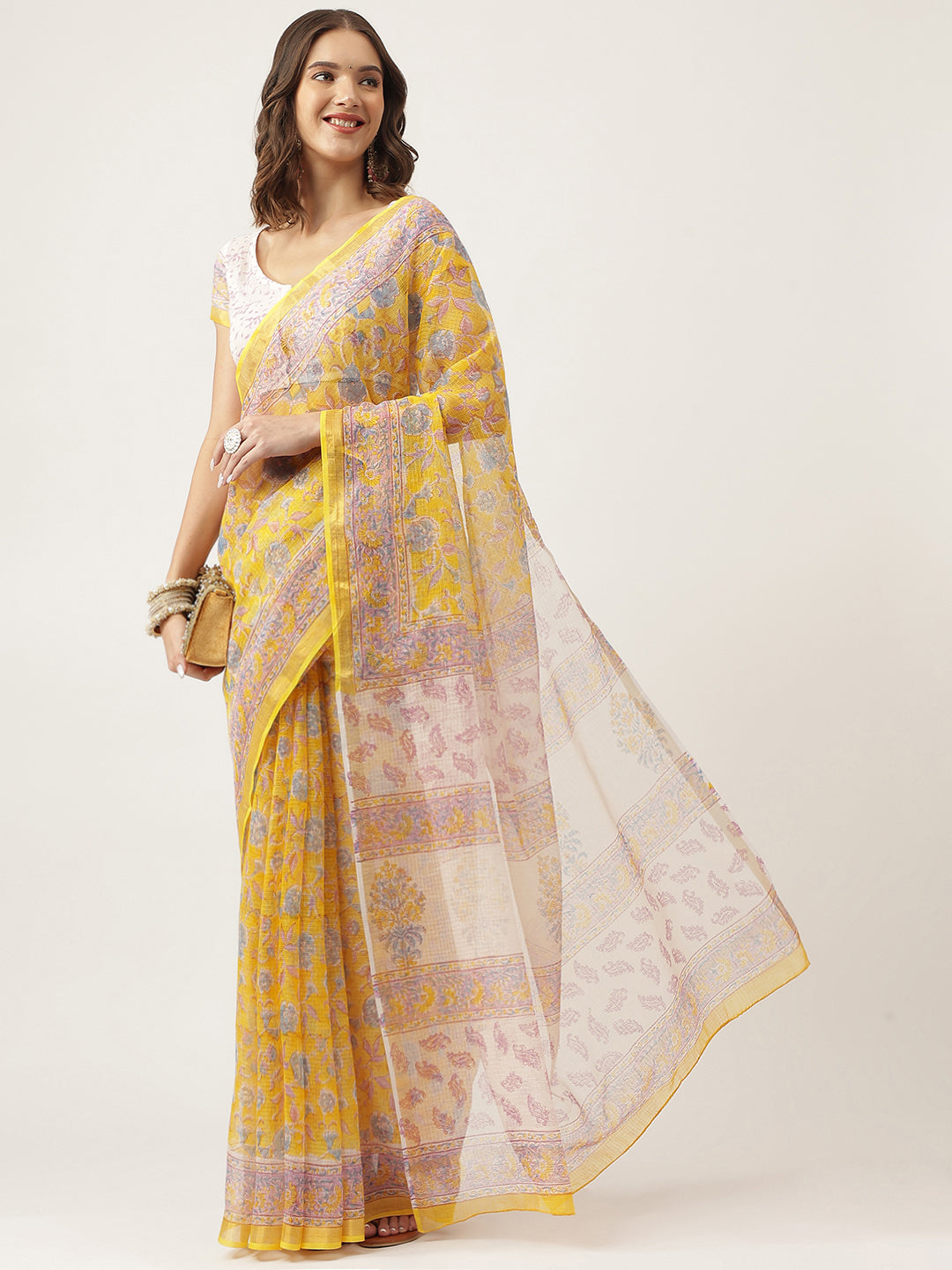 Party Wear yellow HandBlock Kota Doria Saree