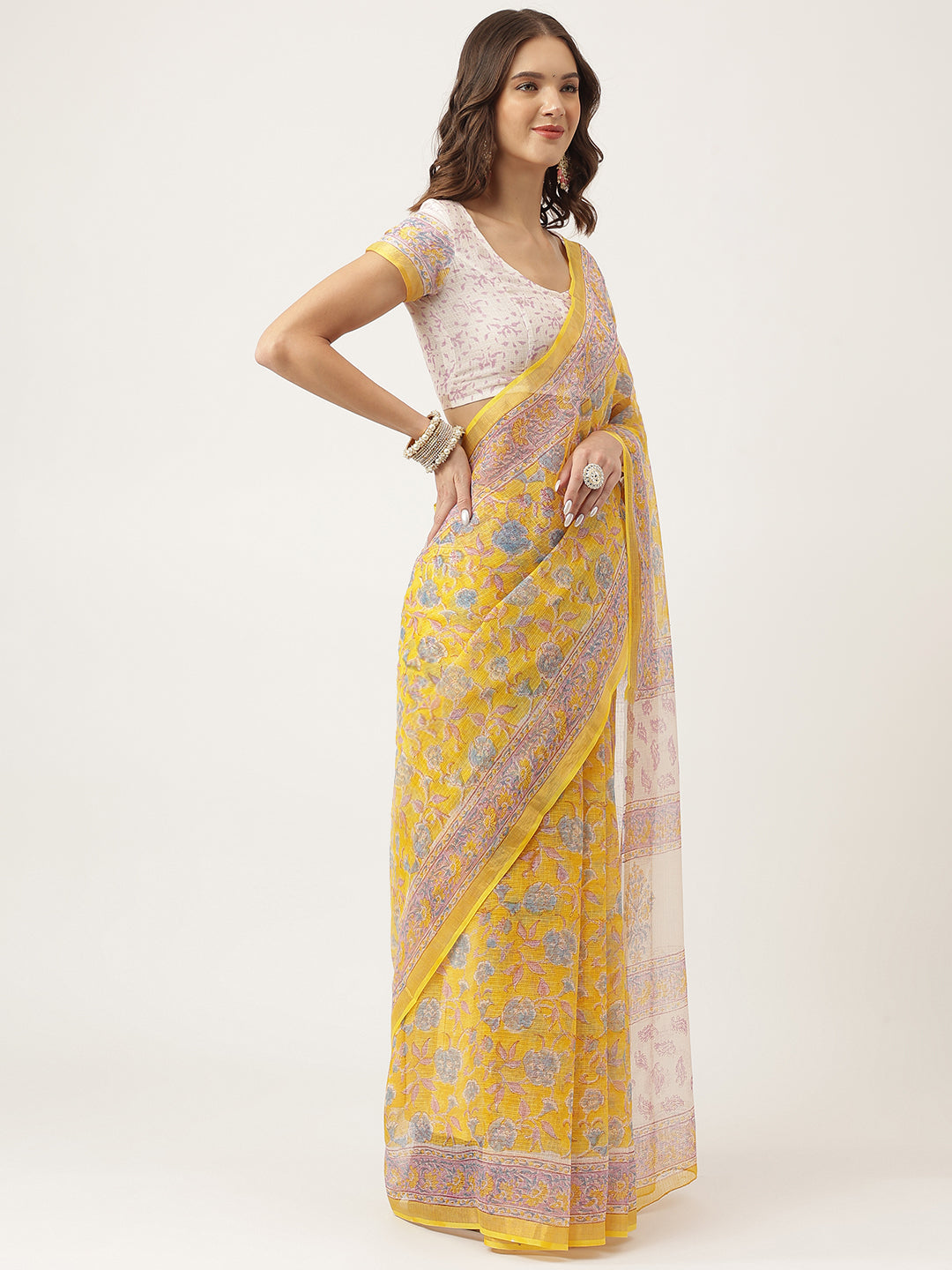 Party Wear yellow HandBlock Kota Doria Saree