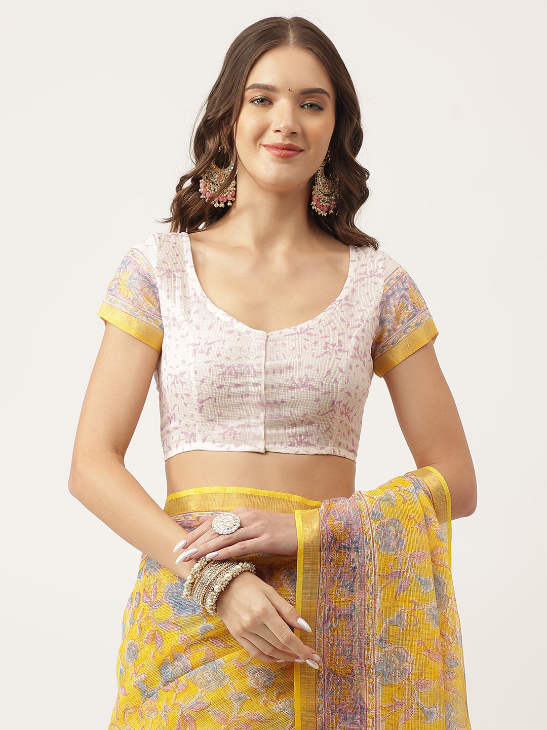 Party Wear yellow HandBlock Kota Doria Saree