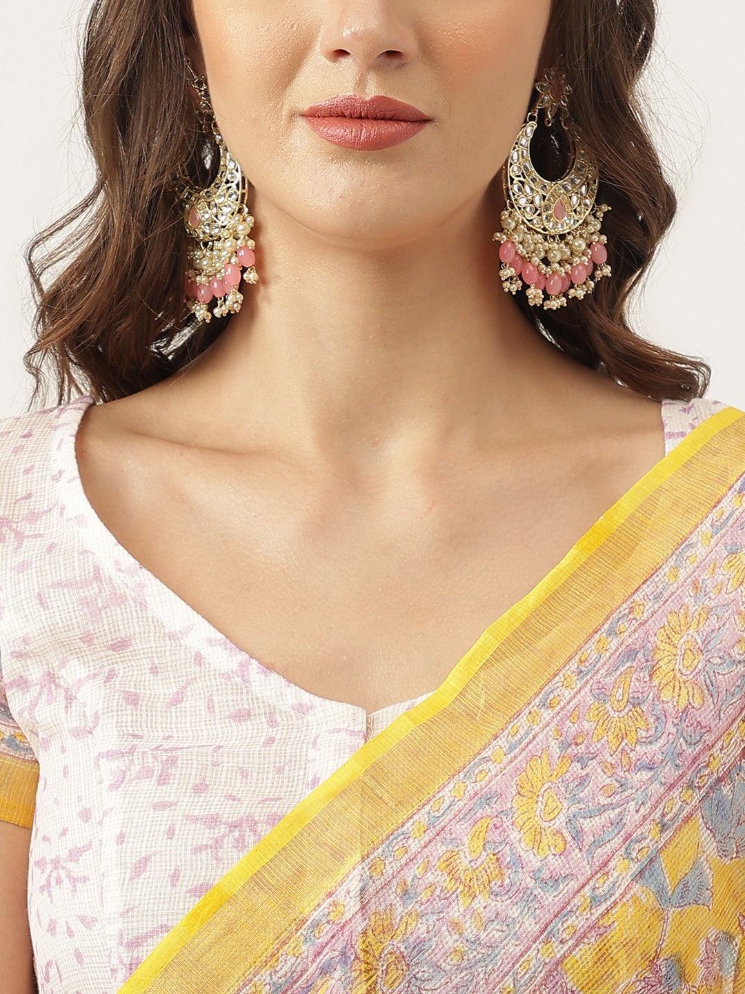 Party Wear yellow HandBlock Kota Doria Saree