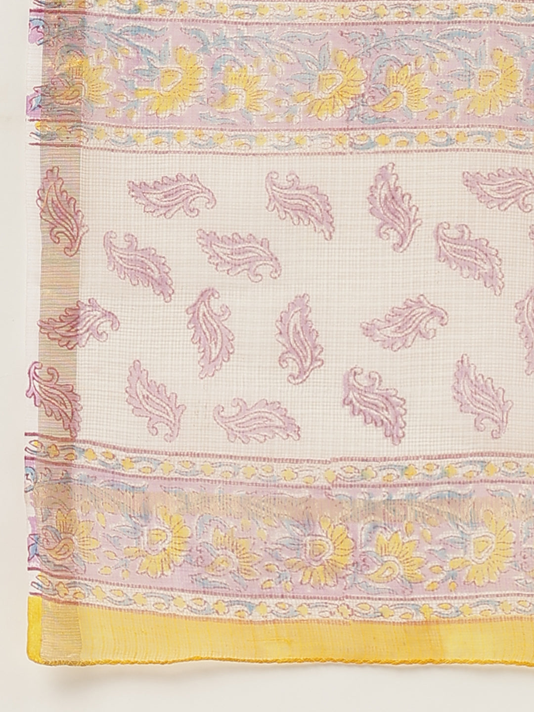 Party Wear yellow HandBlock Kota Doria Saree