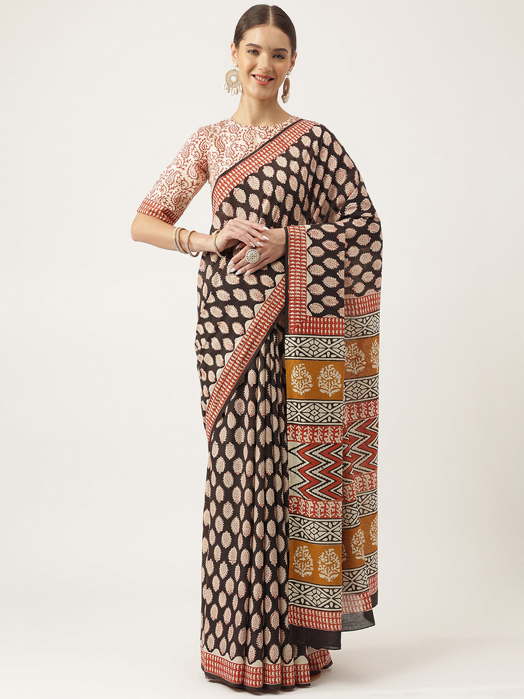 Black & Beige HandBlock MulMul Cotton Party Wear Saree