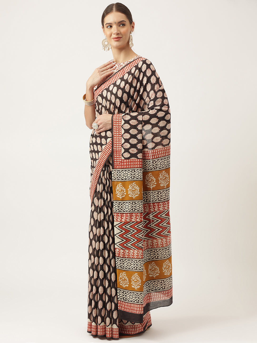 Black & Beige HandBlock MulMul Cotton Party Wear Saree