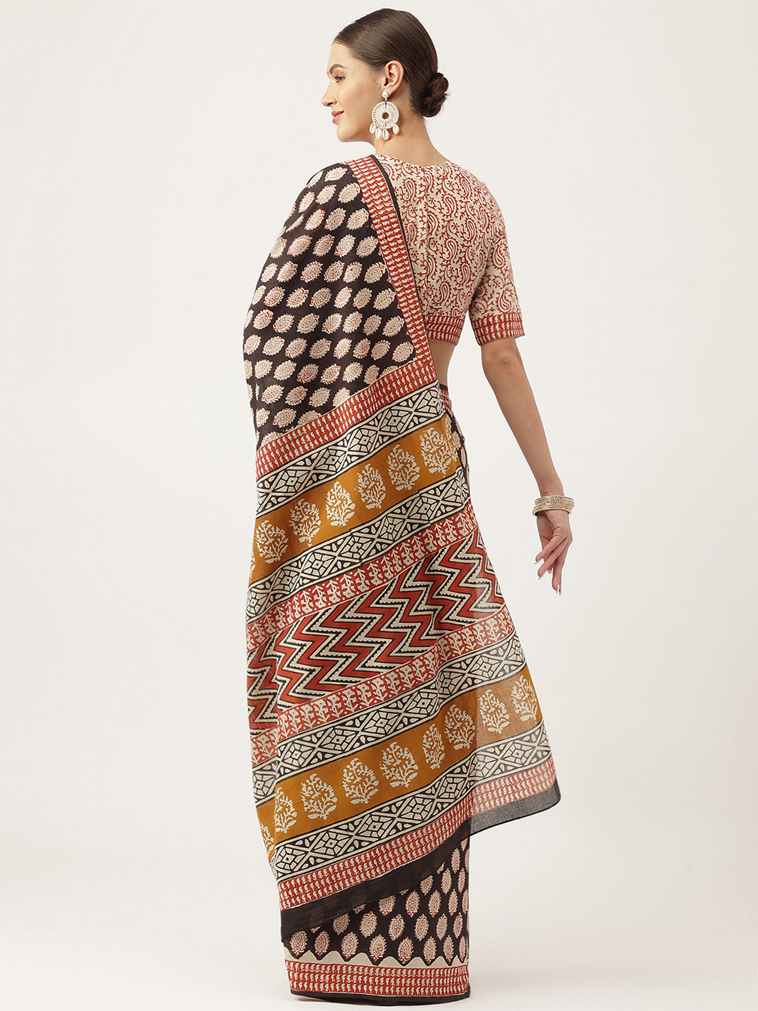 Black & Beige HandBlock MulMul Cotton Party Wear Saree