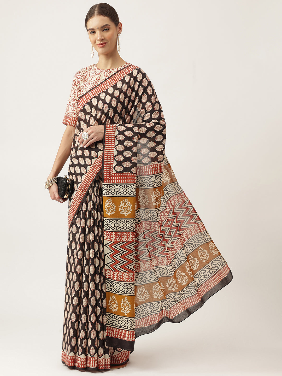Black & Beige HandBlock MulMul Cotton Party Wear Saree