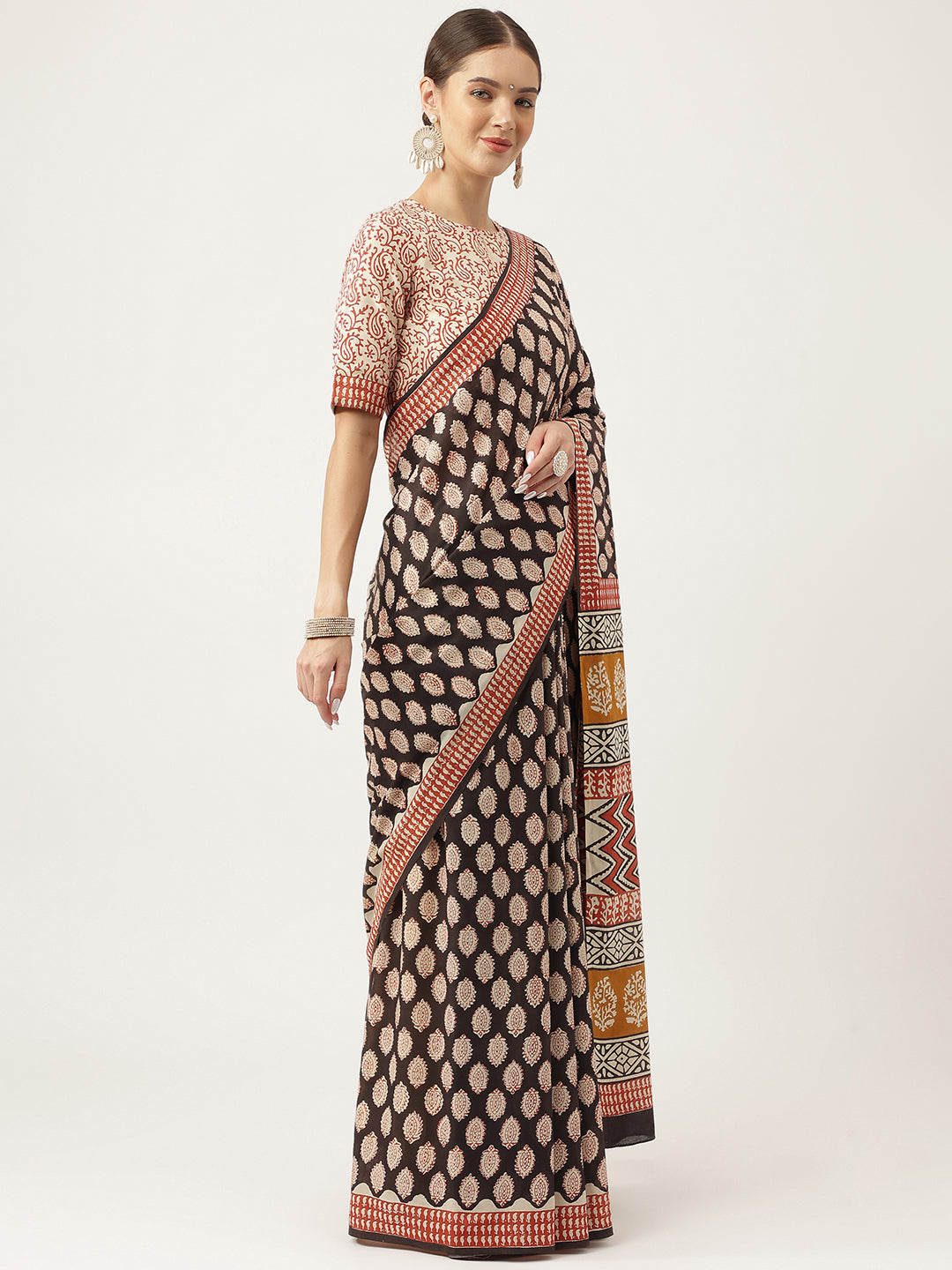 Black & Beige HandBlock MulMul Cotton Party Wear Saree