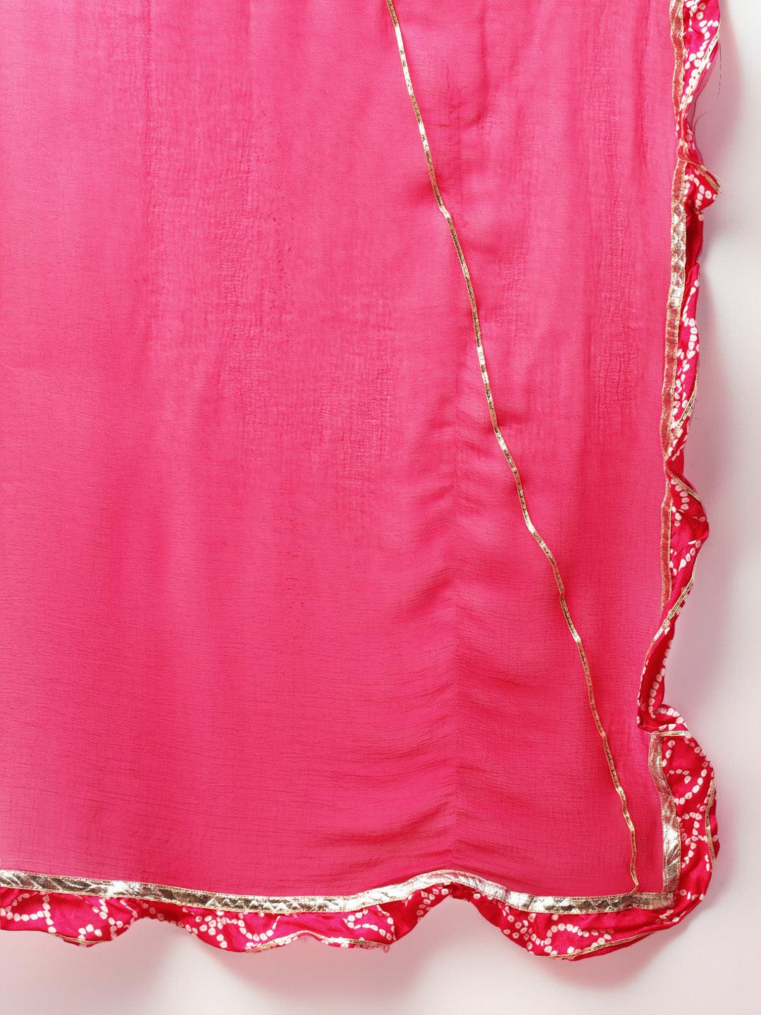 Divena Pink Muslin Bandhani Printed Embroidery Peplum Kurta Sharara Set with Dupatta - divenaworld.com