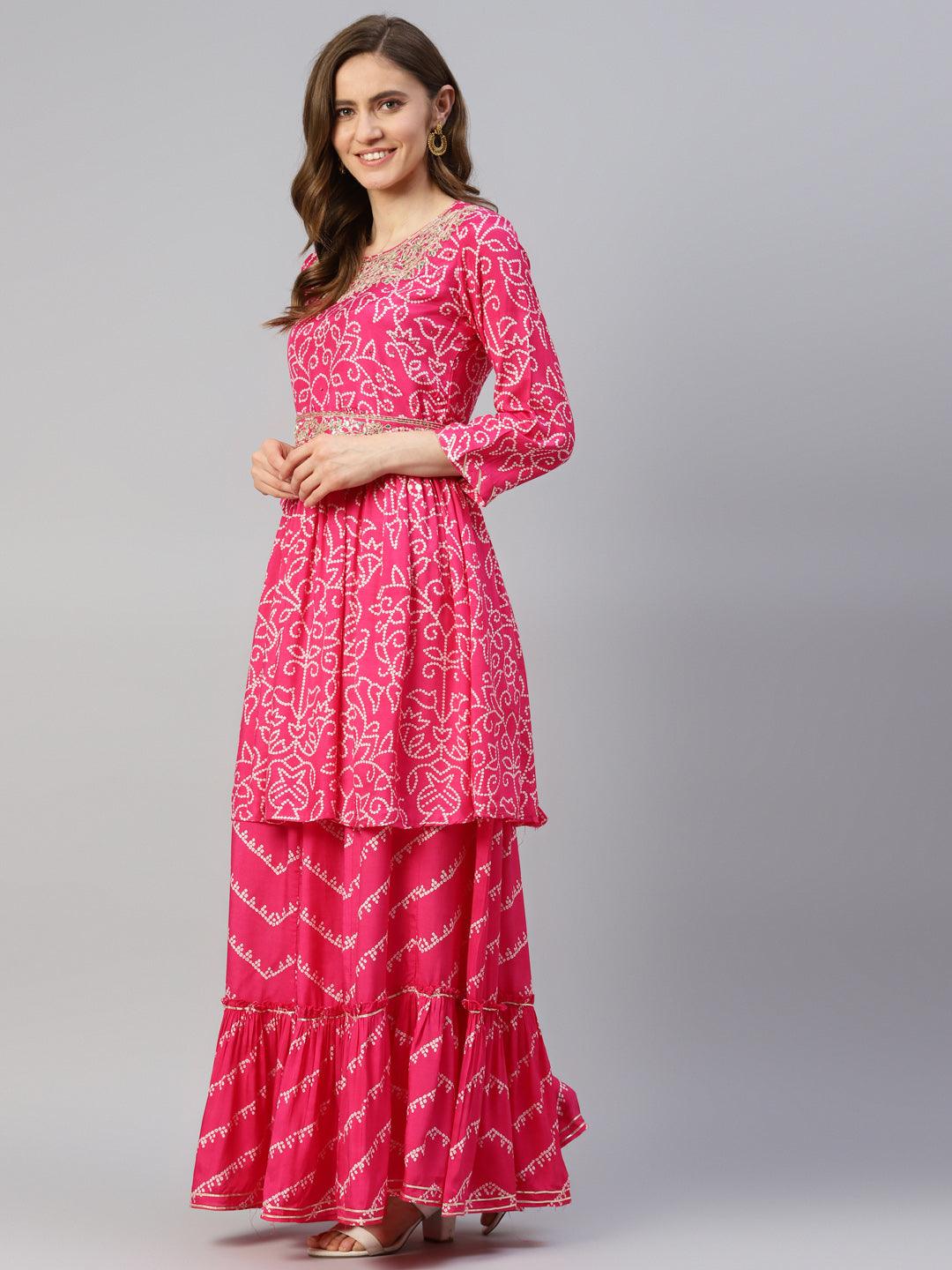Divena Pink Muslin Bandhani Printed Embroidery Peplum Kurta Sharara Set with Dupatta - divenaworld.com