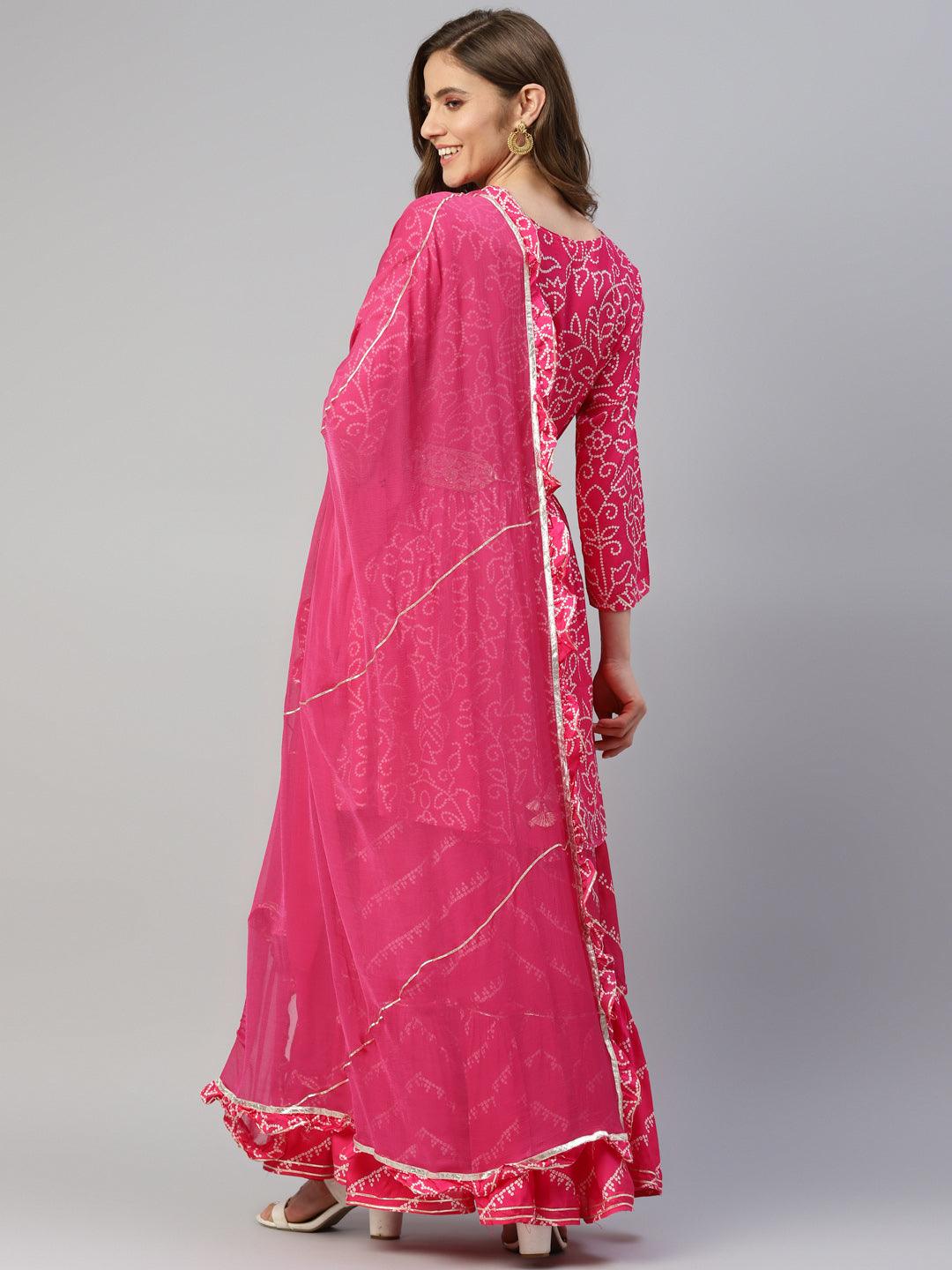 Divena Pink Muslin Bandhani Printed Embroidery Peplum Kurta Sharara Set with Dupatta - divenaworld.com