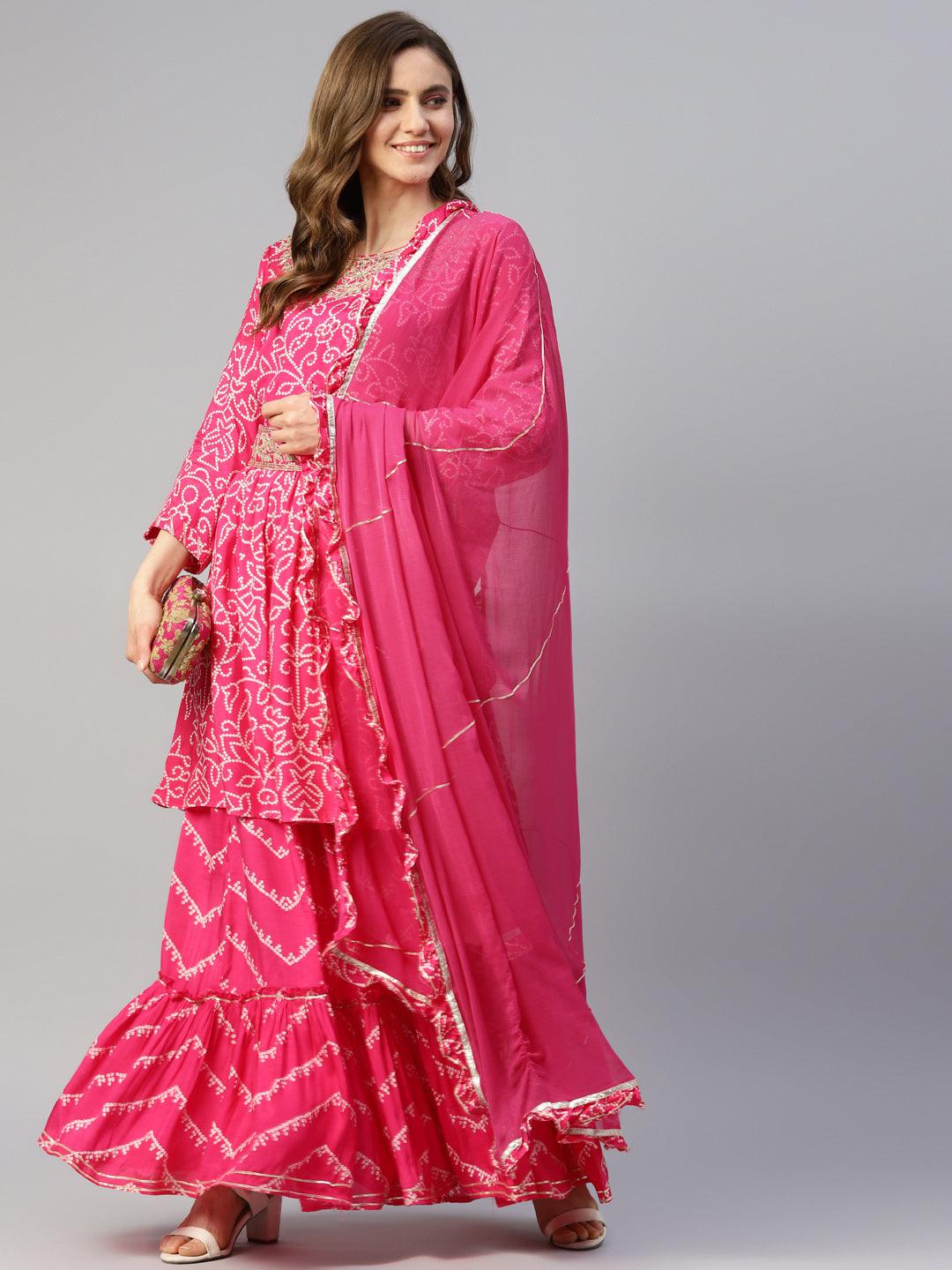 Divena Pink Muslin Bandhani Printed Embroidery Peplum Kurta Sharara Set with Dupatta - divenaworld.com