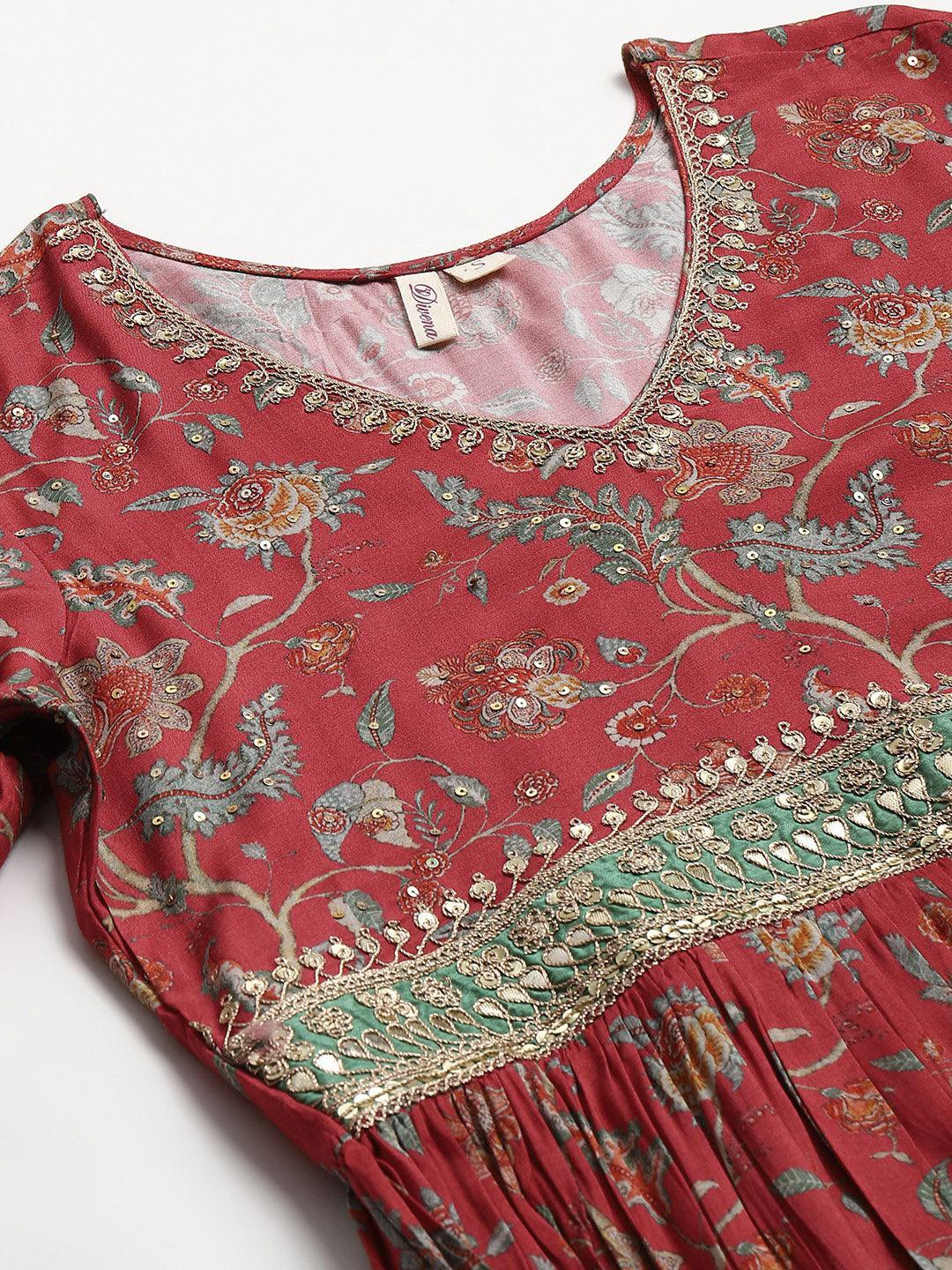 Divena Maroon Floral Printed Muslin Flared Gown - divenaworld.com