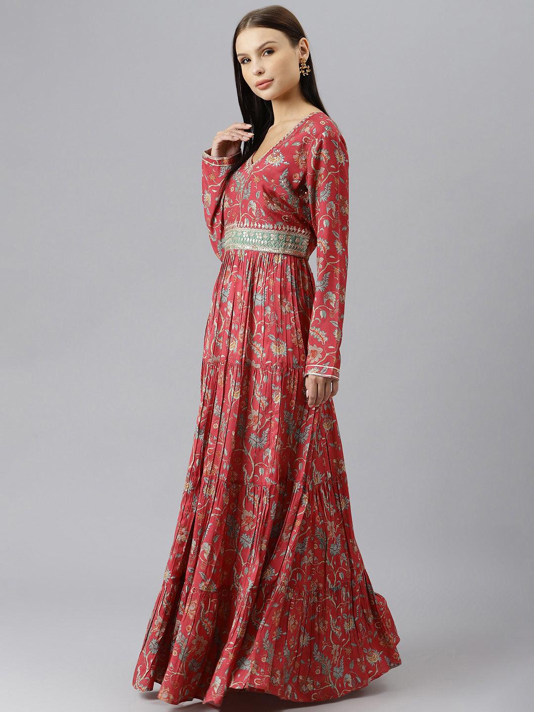 Divena Maroon Floral Printed Muslin Flared Gown - divenaworld.com