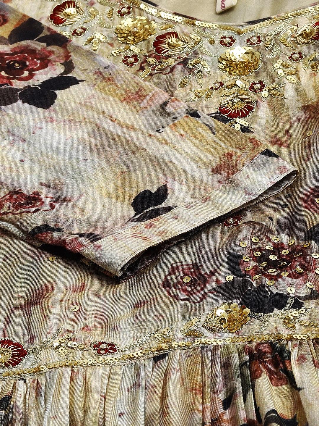 Divena Cream Floral Printed Muslin Flared Gown - divenaworld.com