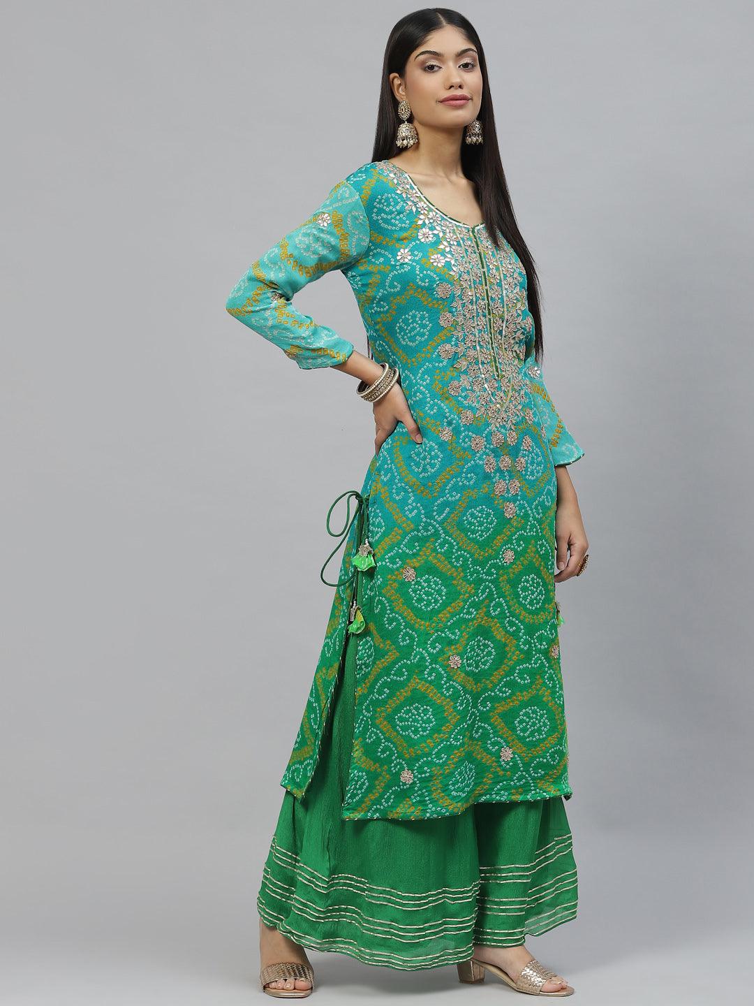 Divena Pure Chinon Rama green Bandhani Printed Kurta Sharara Set with Dupatta - divena world