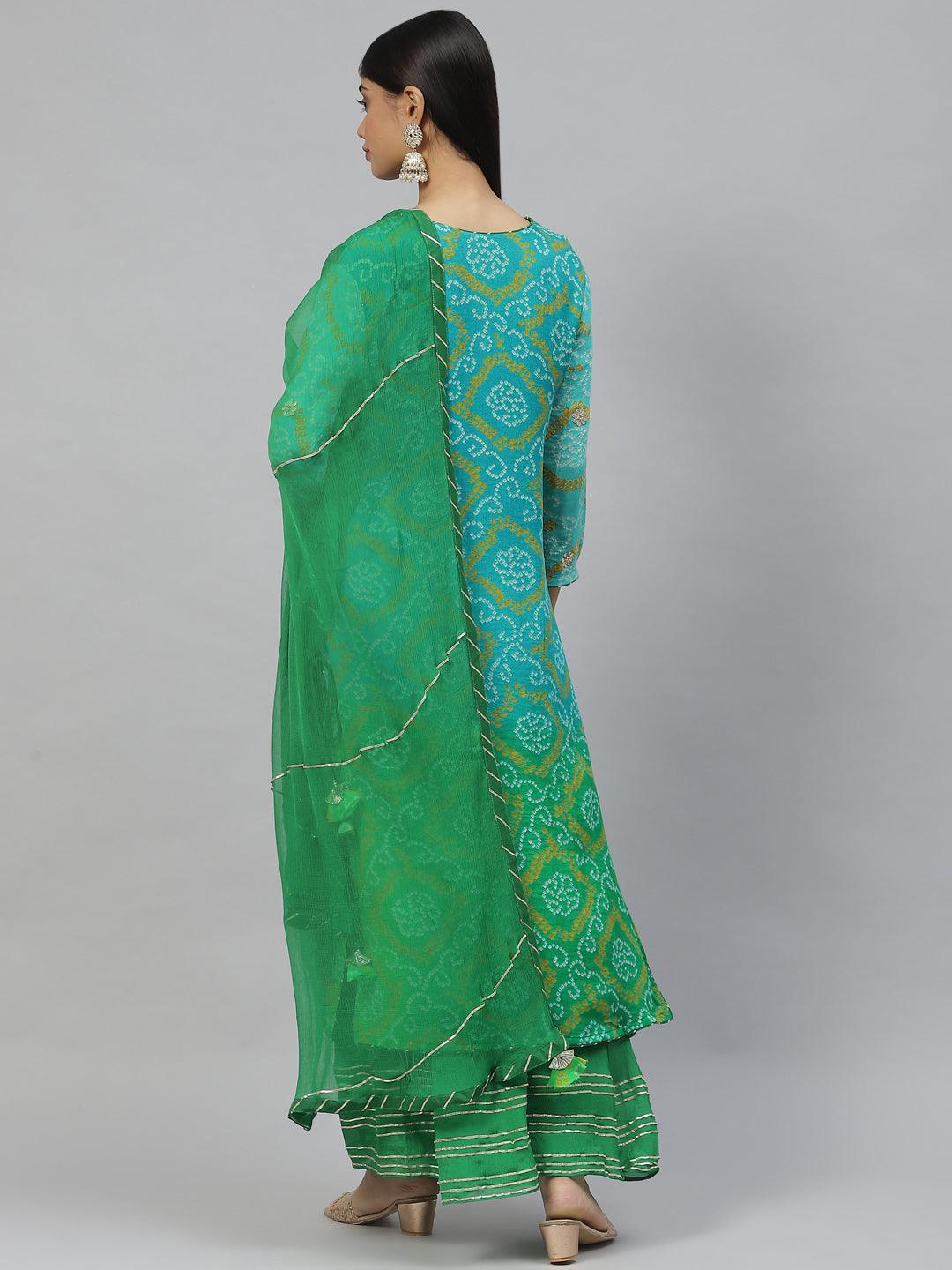 Divena Pure Chinon Rama green Bandhani Printed Kurta Sharara Set with Dupatta - divena world