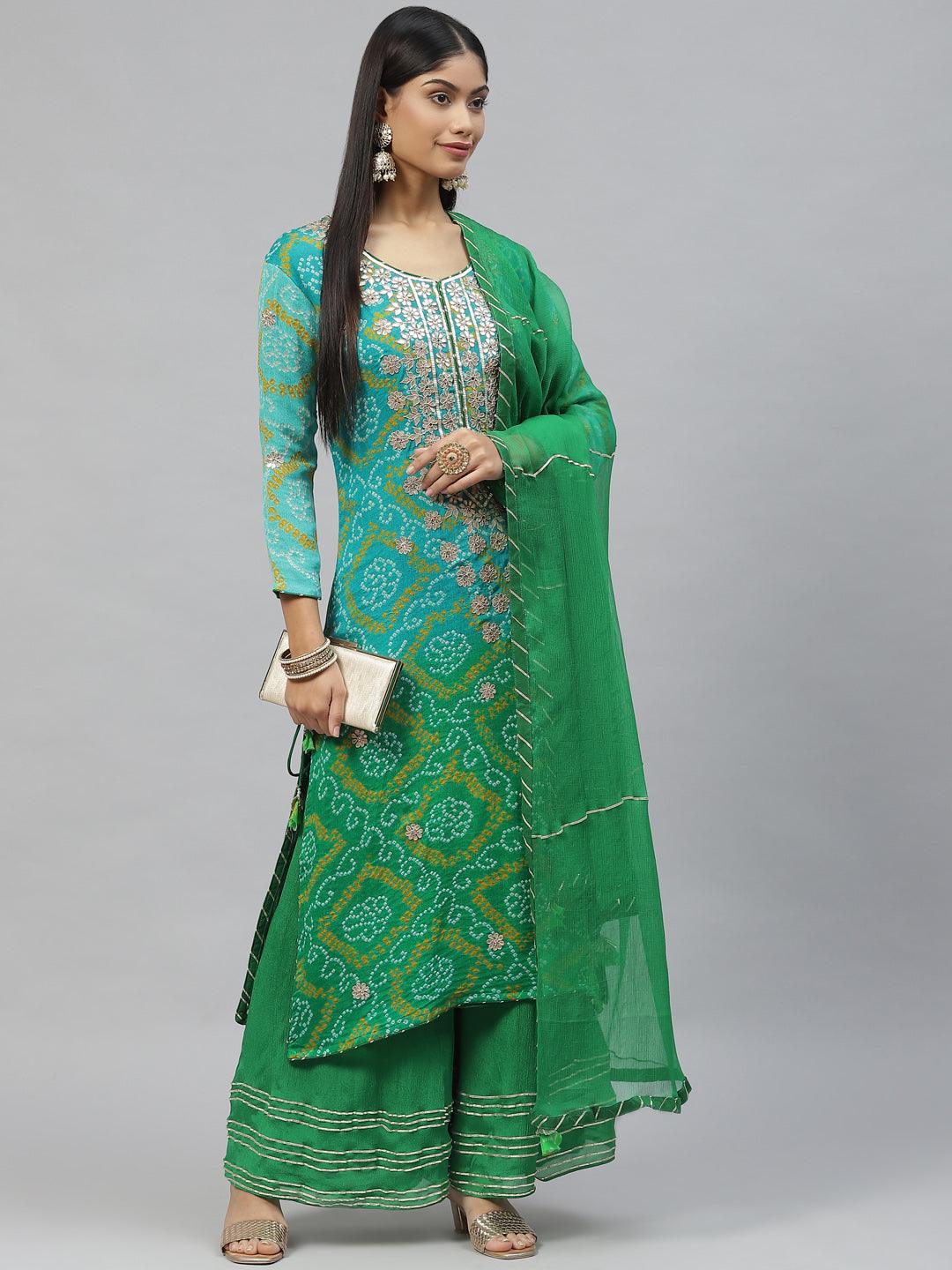 Divena Pure Chinon Rama green Bandhani Printed Kurta Sharara Set with Dupatta - divena world