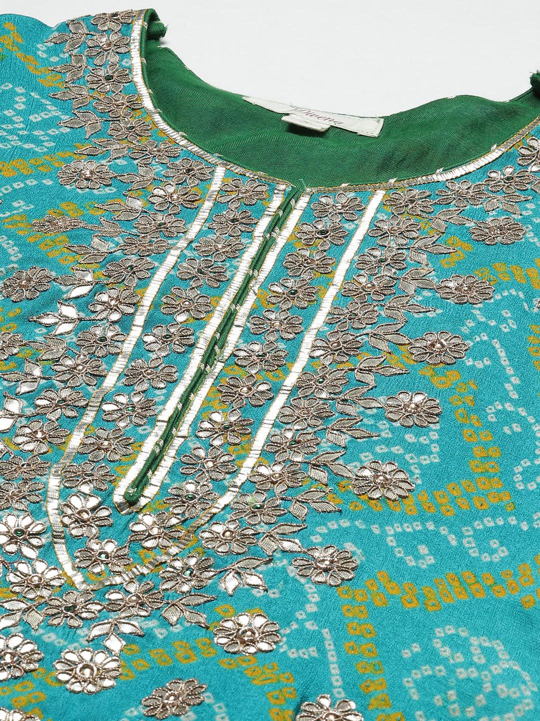 Divena Pure Chinon Rama green Bandhani Printed Kurta Sharara Set with Dupatta - divena world