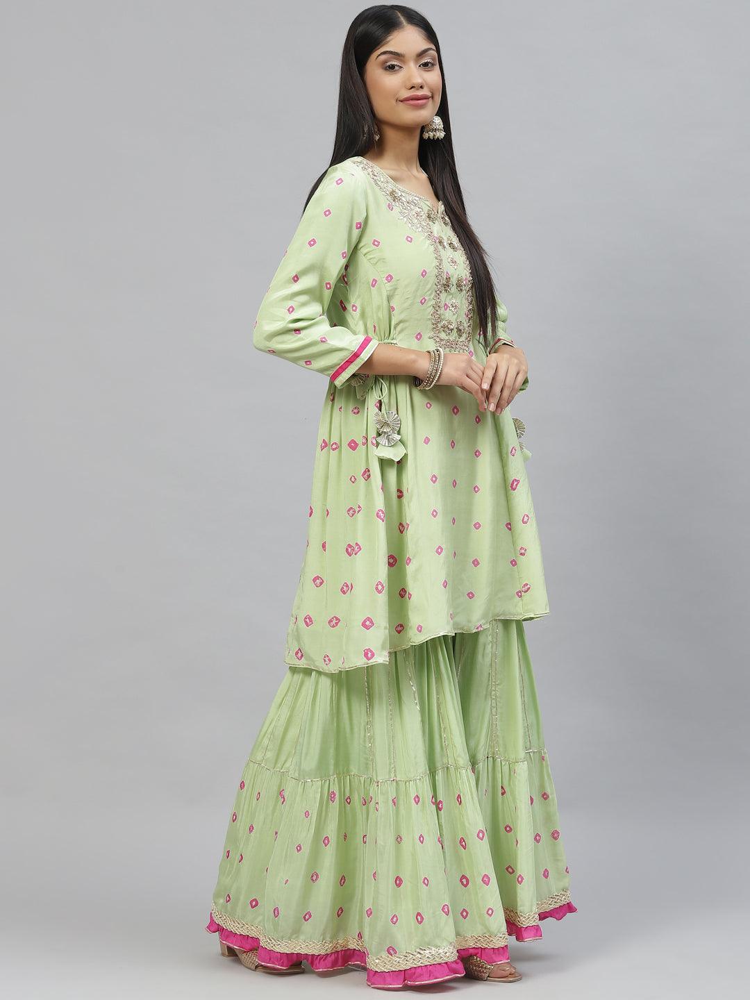 Divena Green Pure Muslin Peplum Hand embroidery Kurta Sharara with Chiffon dupatta - divena world