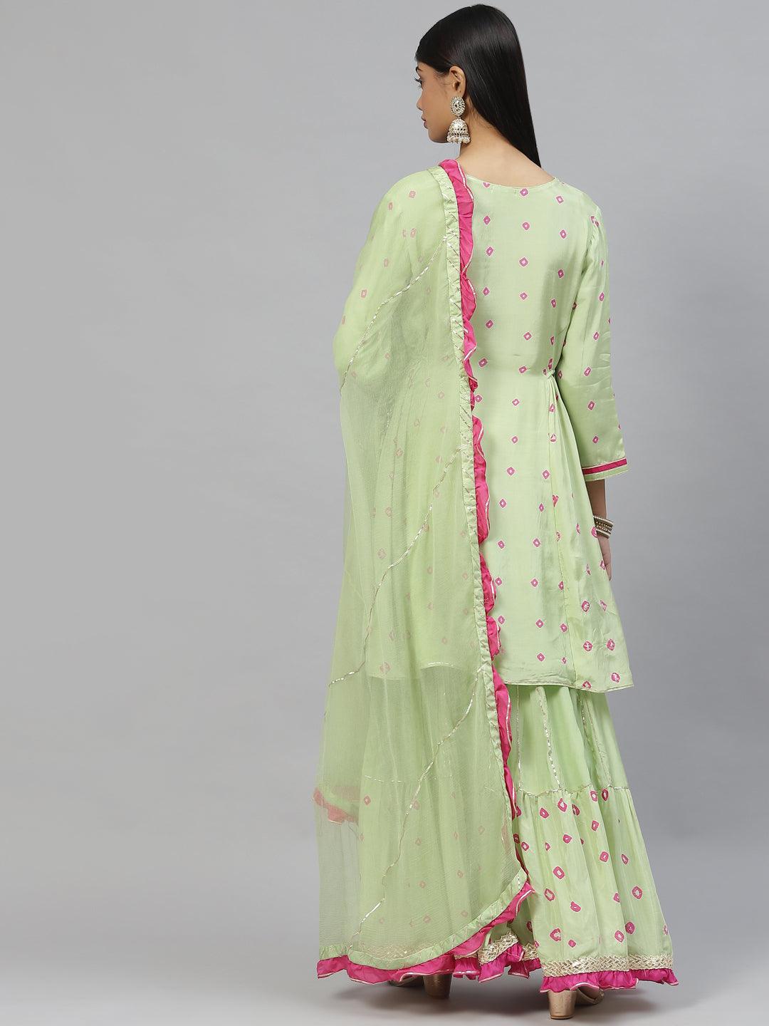 Divena Green Pure Muslin Peplum Hand embroidery Kurta Sharara with Chiffon dupatta - divena world