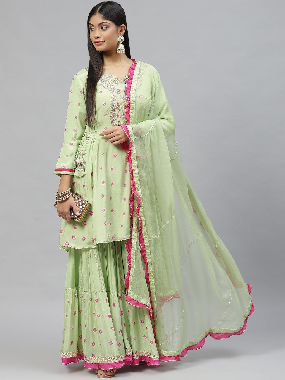 Divena Green Pure Muslin Peplum Hand embroidery Kurta Sharara with Chiffon dupatta - divena world