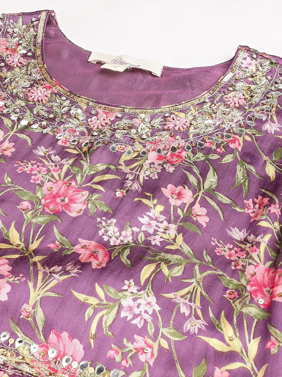 Divena Multi Gaji Silk Floral Sequin work with Dupatta Flared Gown - divena world