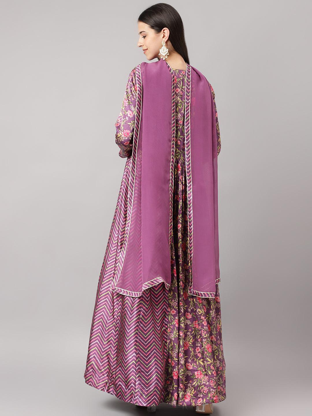 Divena Multi Gaji Silk Floral Sequin work with Dupatta Flared Gown - divena world