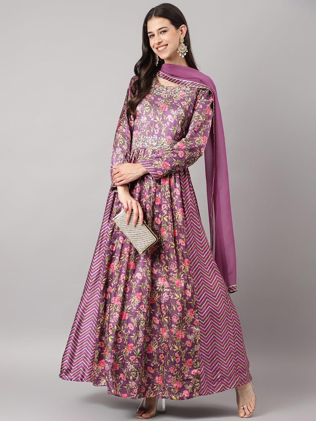 Divena Multi Gaji Silk Floral Sequin work with Dupatta Flared Gown - divena world
