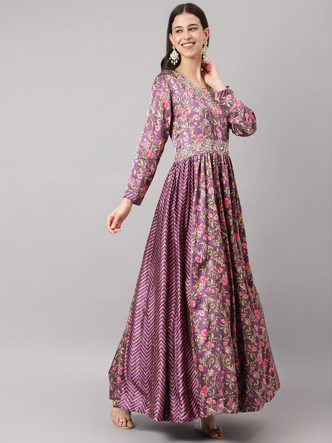 Divena Multi Gaji Silk Floral Sequin work with Dupatta Flared Gown - divena world