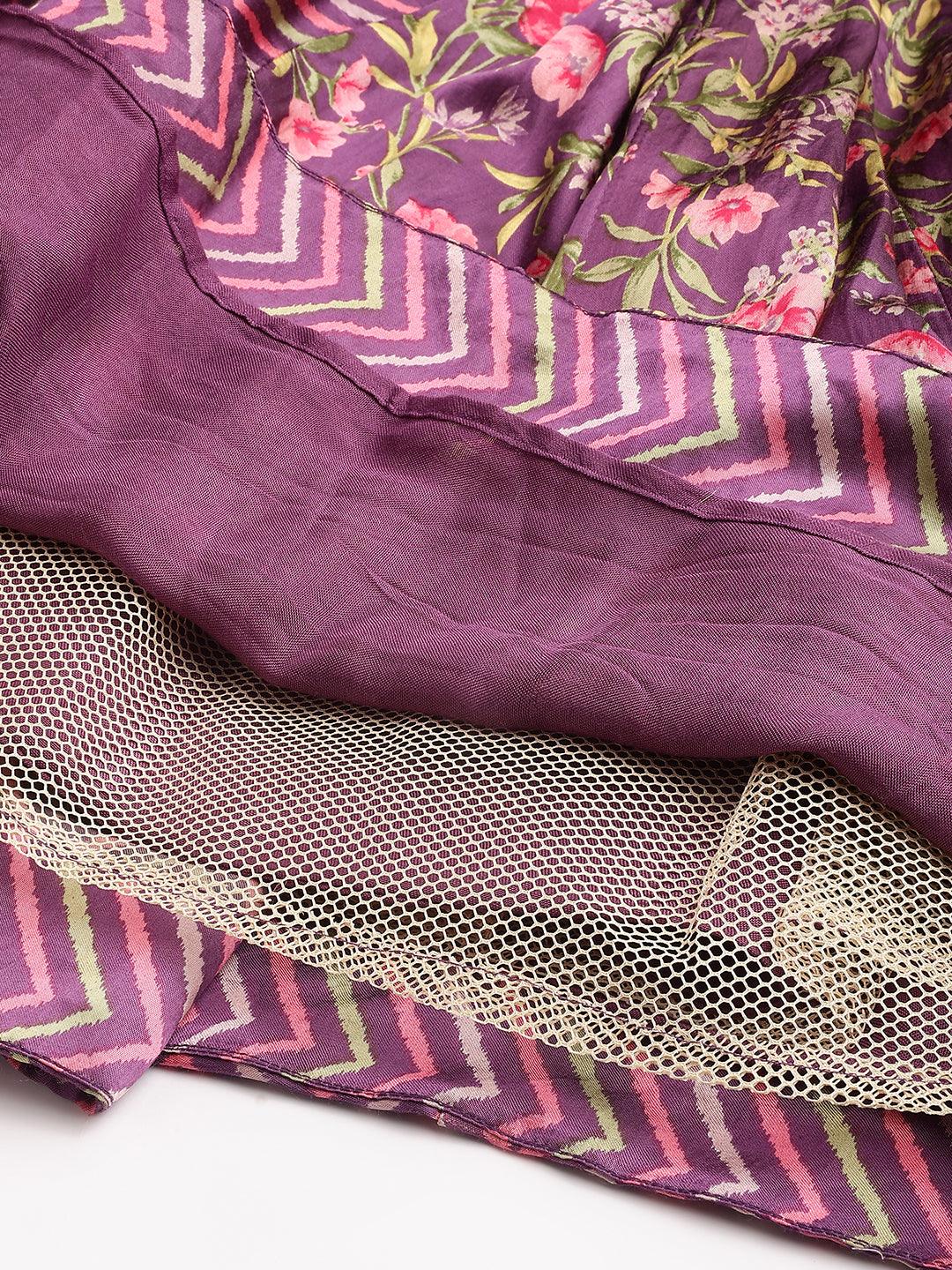 Divena Multi Gaji Silk Floral Sequin work with Dupatta Flared Gown - divena world