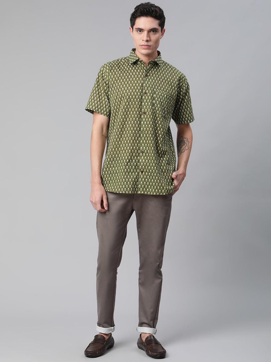 Millennial Men Green  & White Cotton  Half Sleeve Shirt for Men-MMH0175 - divenaworld.com