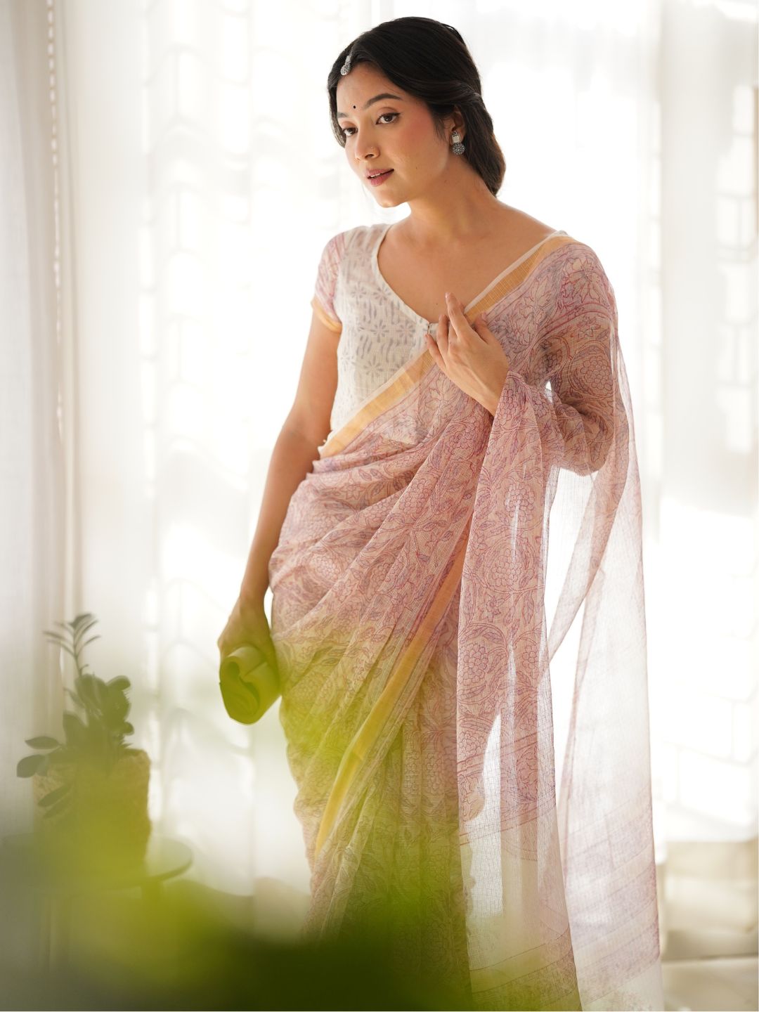 Pink Party Wear HandBlock Cotton Kota Doria Saree