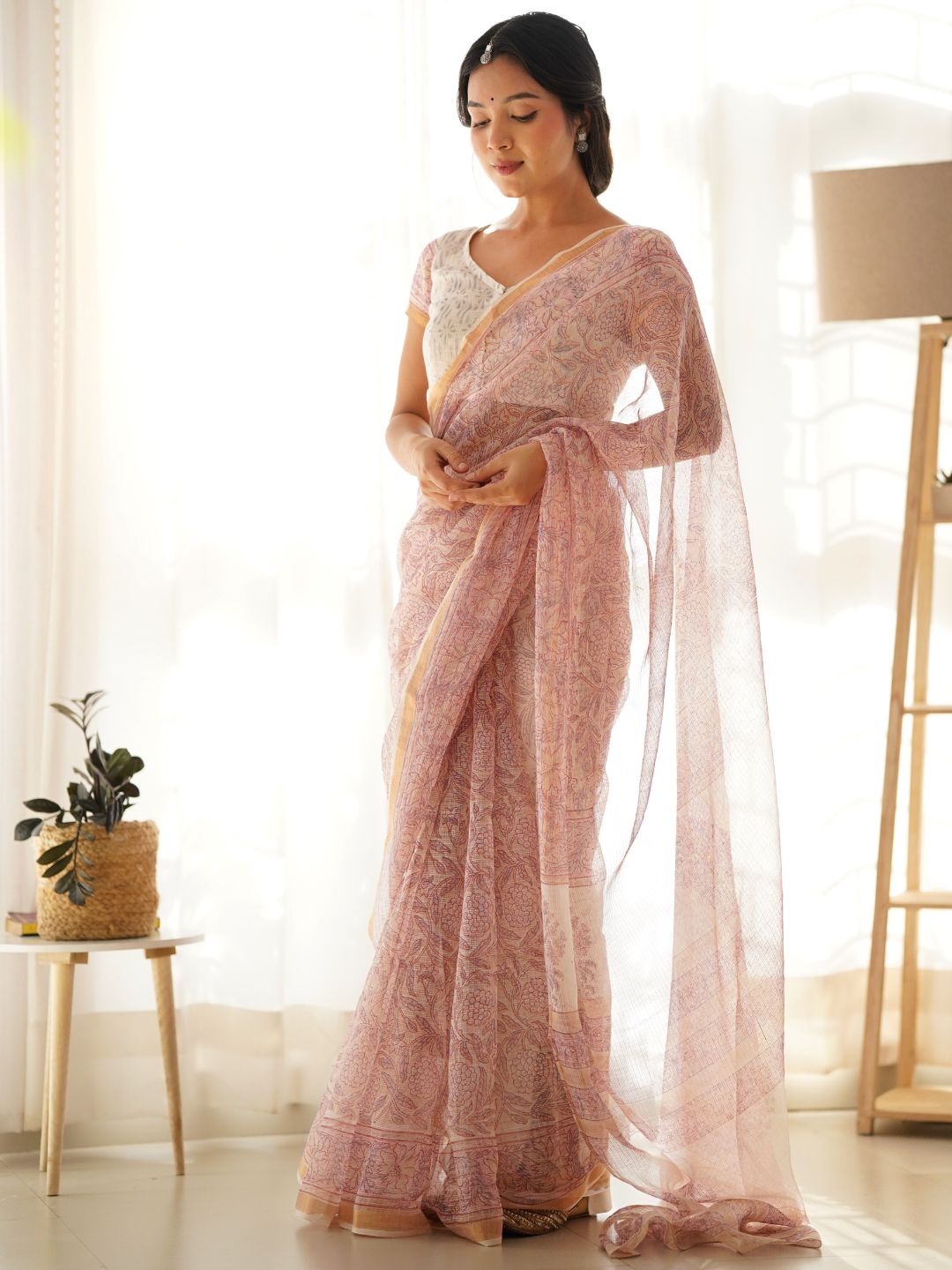Pink Party Wear HandBlock Cotton Kota Doria Saree