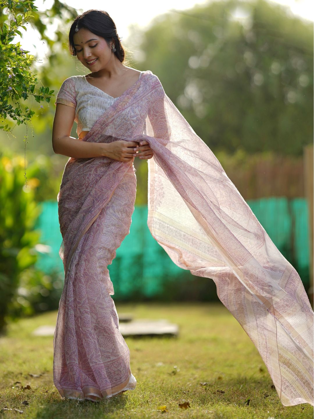 Pink Party Wear HandBlock Cotton Kota Doria Saree