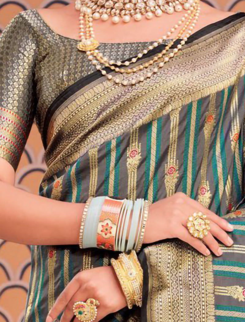 Chinon Saree with Dupion Silk Blouse With Zari & Resham Embroidery Saree For Women