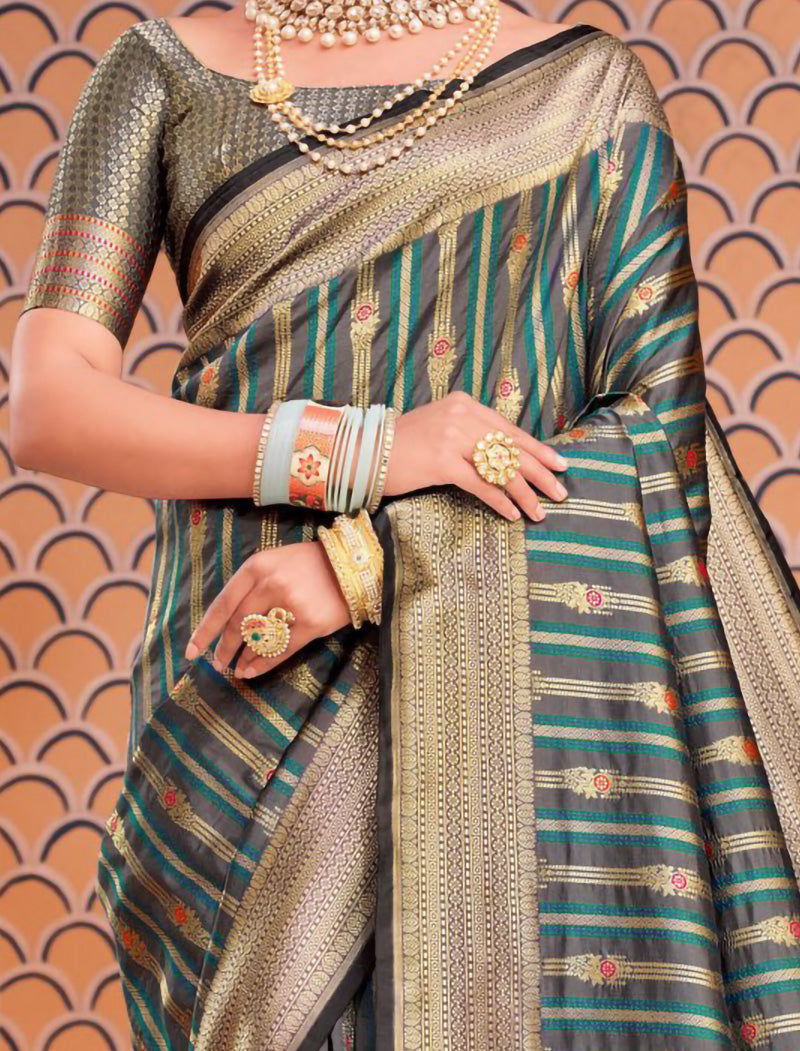 Chinon Saree with Dupion Silk Blouse With Zari & Resham Embroidery Saree For Women