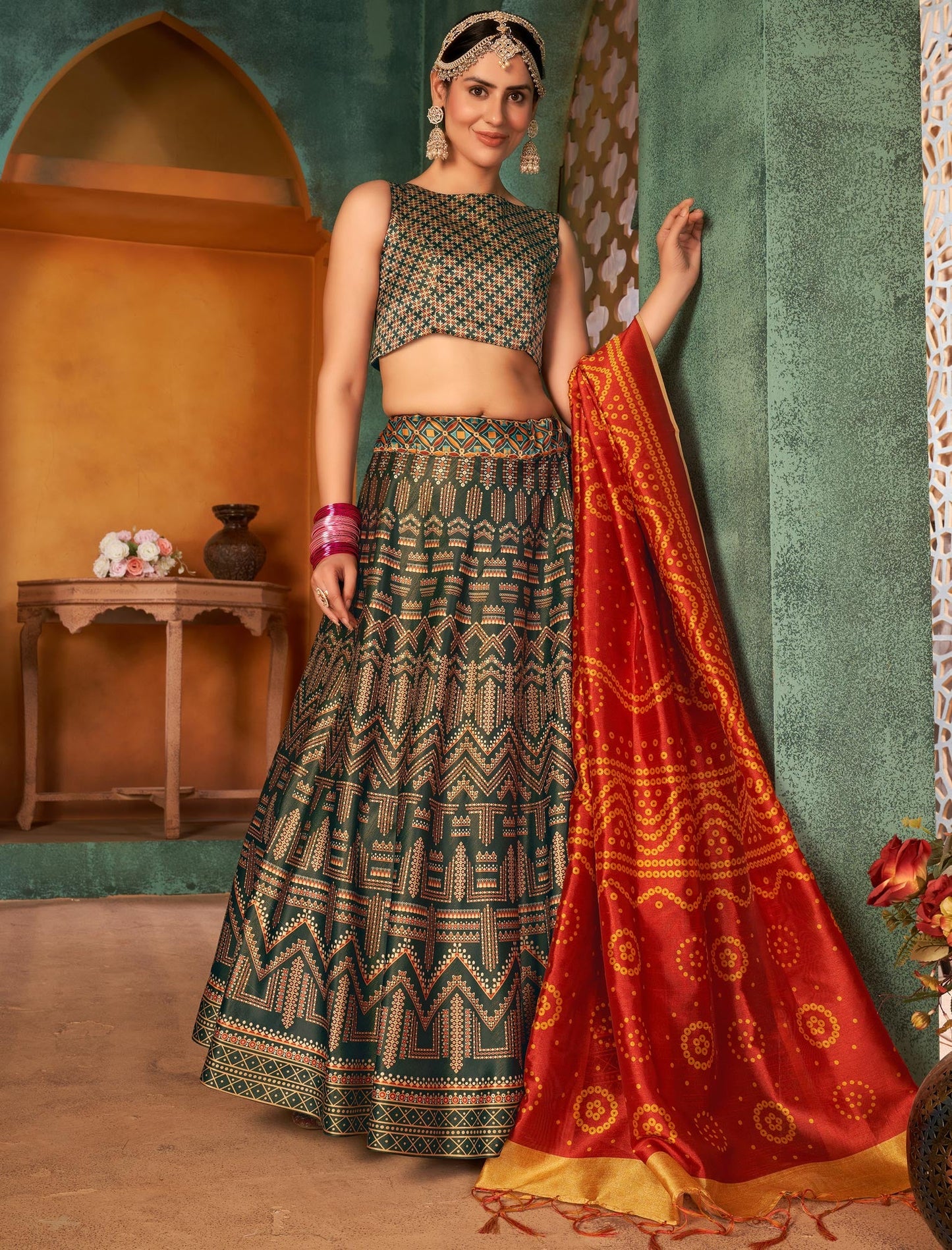 Multi-Color Rera Digital Print Assam Silk Dupatta With Lehenga Choli Set For Women