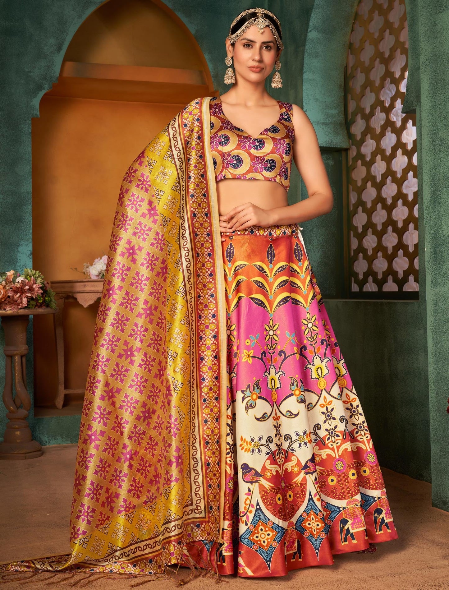 Multi-Color Rera Digital Print Assam Silk Dupatta With Lehenga Choli Set For Women