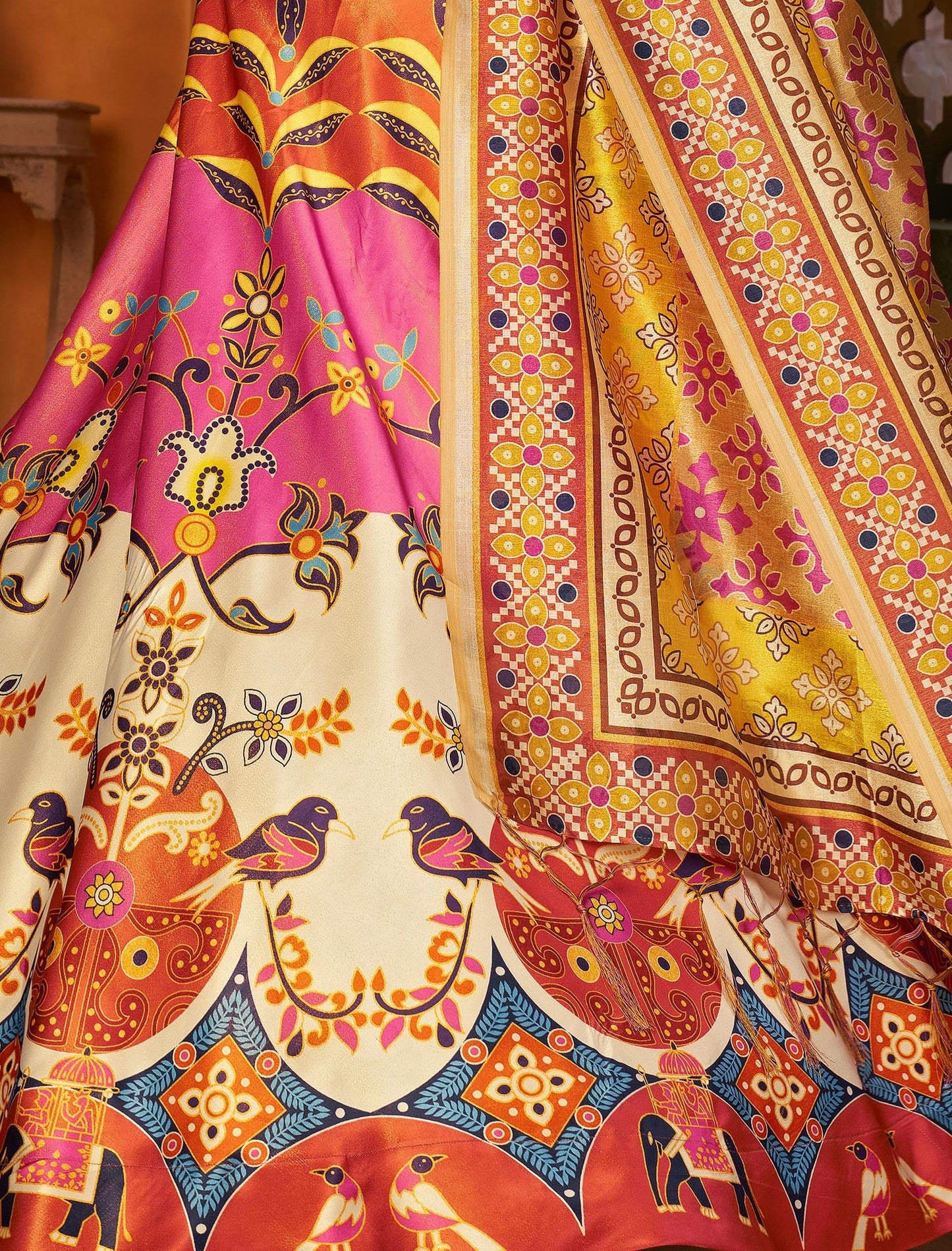 Multi-Color Rera Digital Print Assam Silk Dupatta With Lehenga Choli Set For Women
