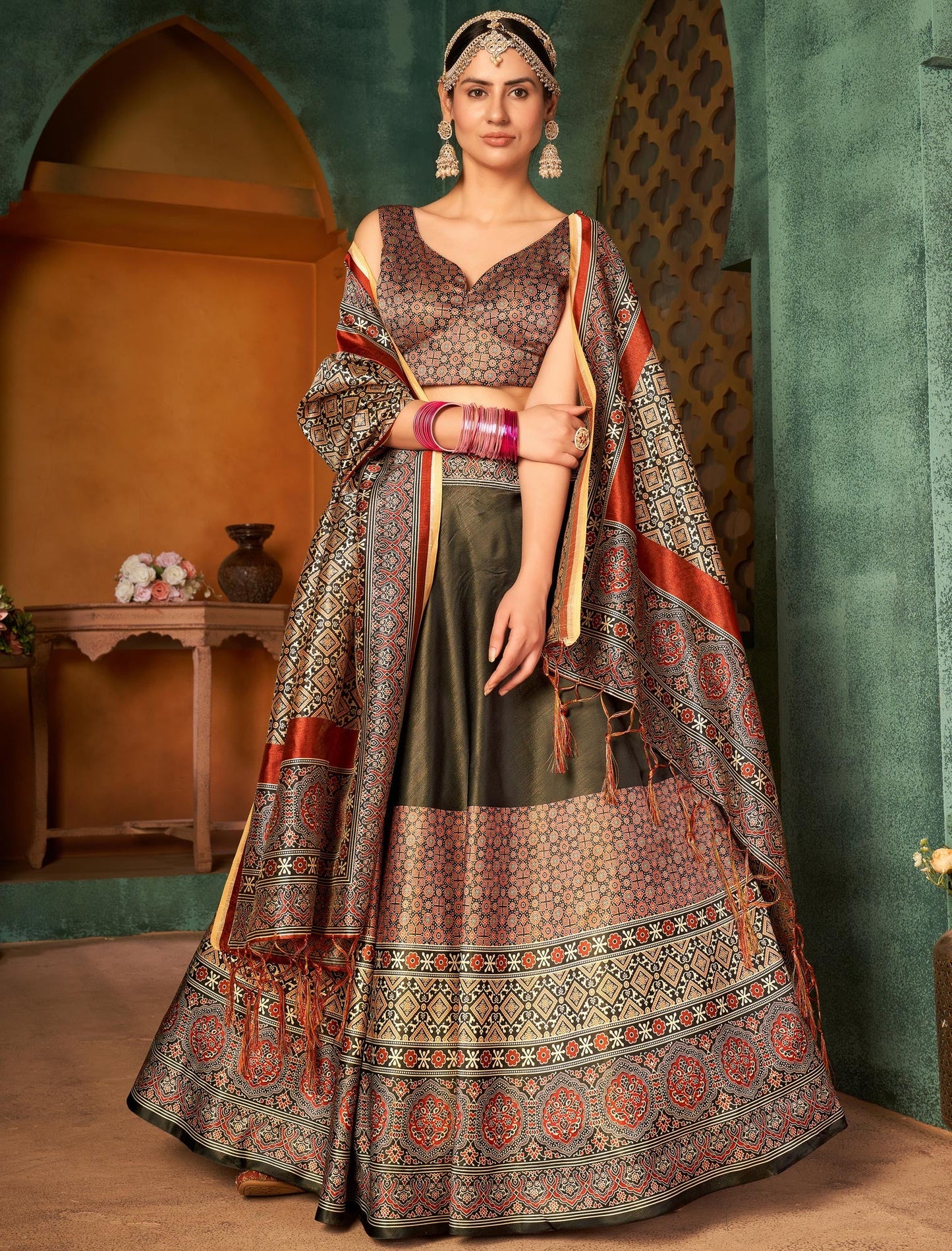 Multi-Color Rera Digital Print Assam Silk Dupatta With Lehenga Choli Set For Women