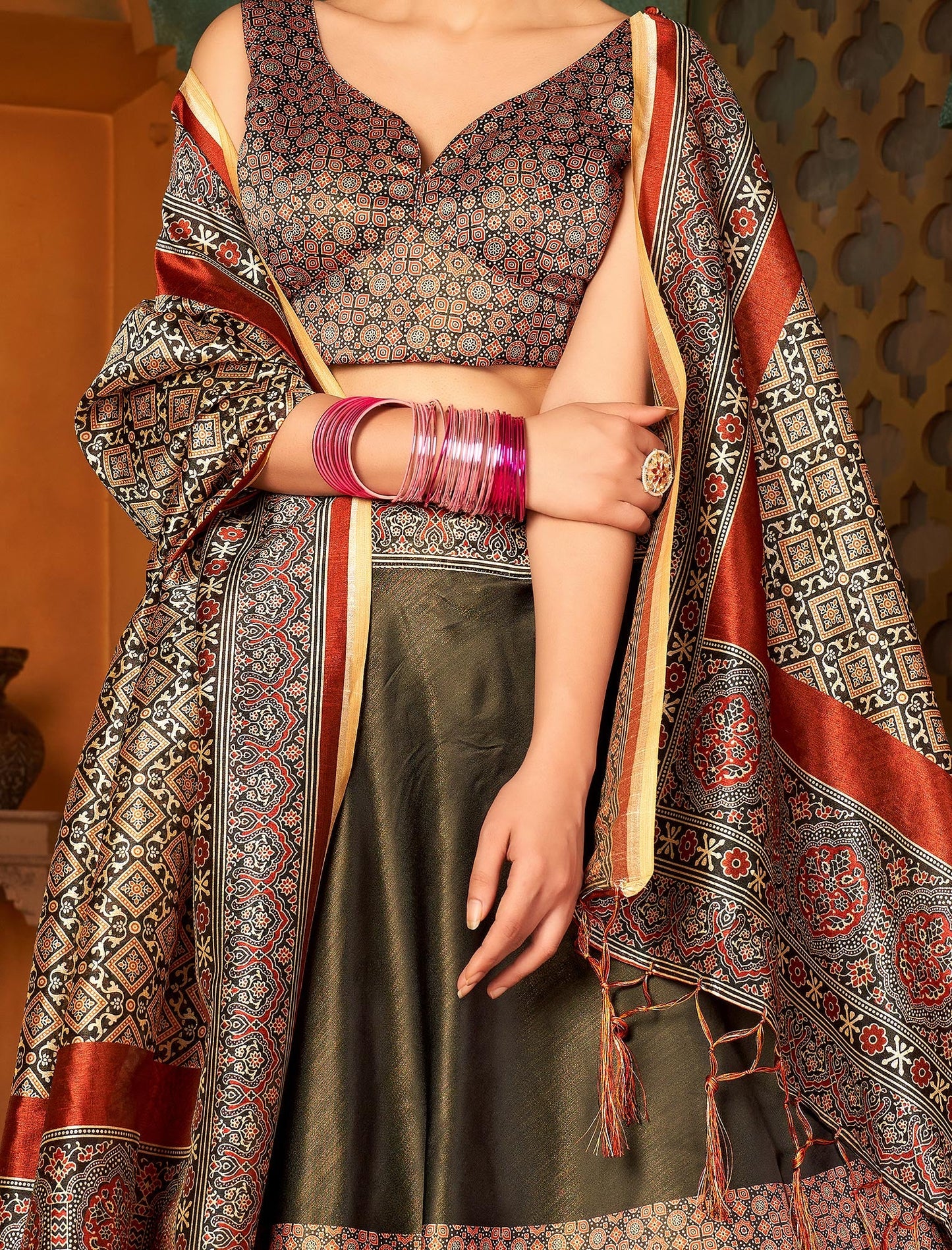 Multi-Color Rera Digital Print Assam Silk Dupatta With Lehenga Choli Set For Women