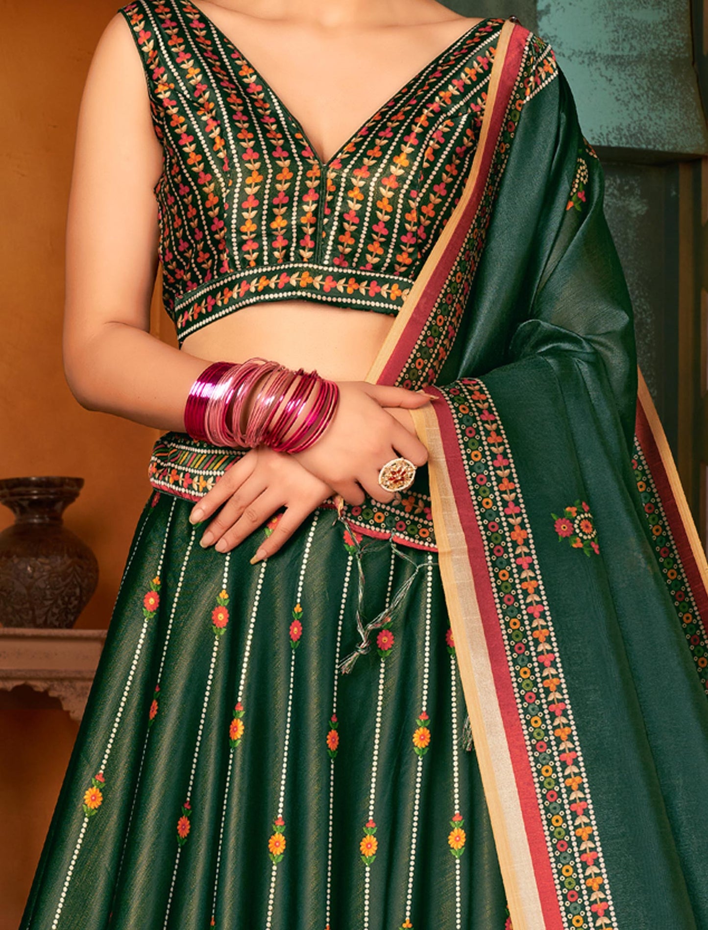 Multi-Color Rera Digital Print Assam Silk Dupatta With Lehenga Choli Set For Women