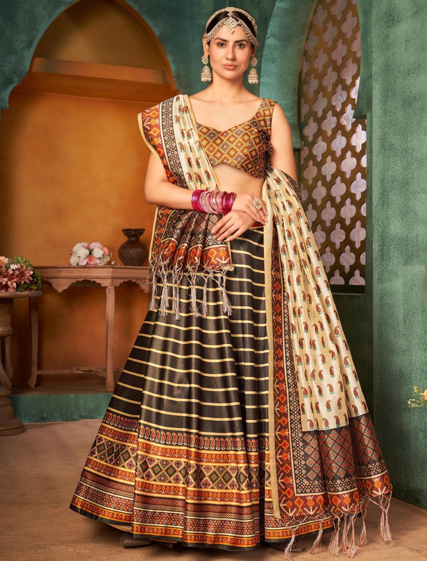 Multi-Color Rera Digital Print Assam Silk Dupatta With Lehenga Choli Set For Women